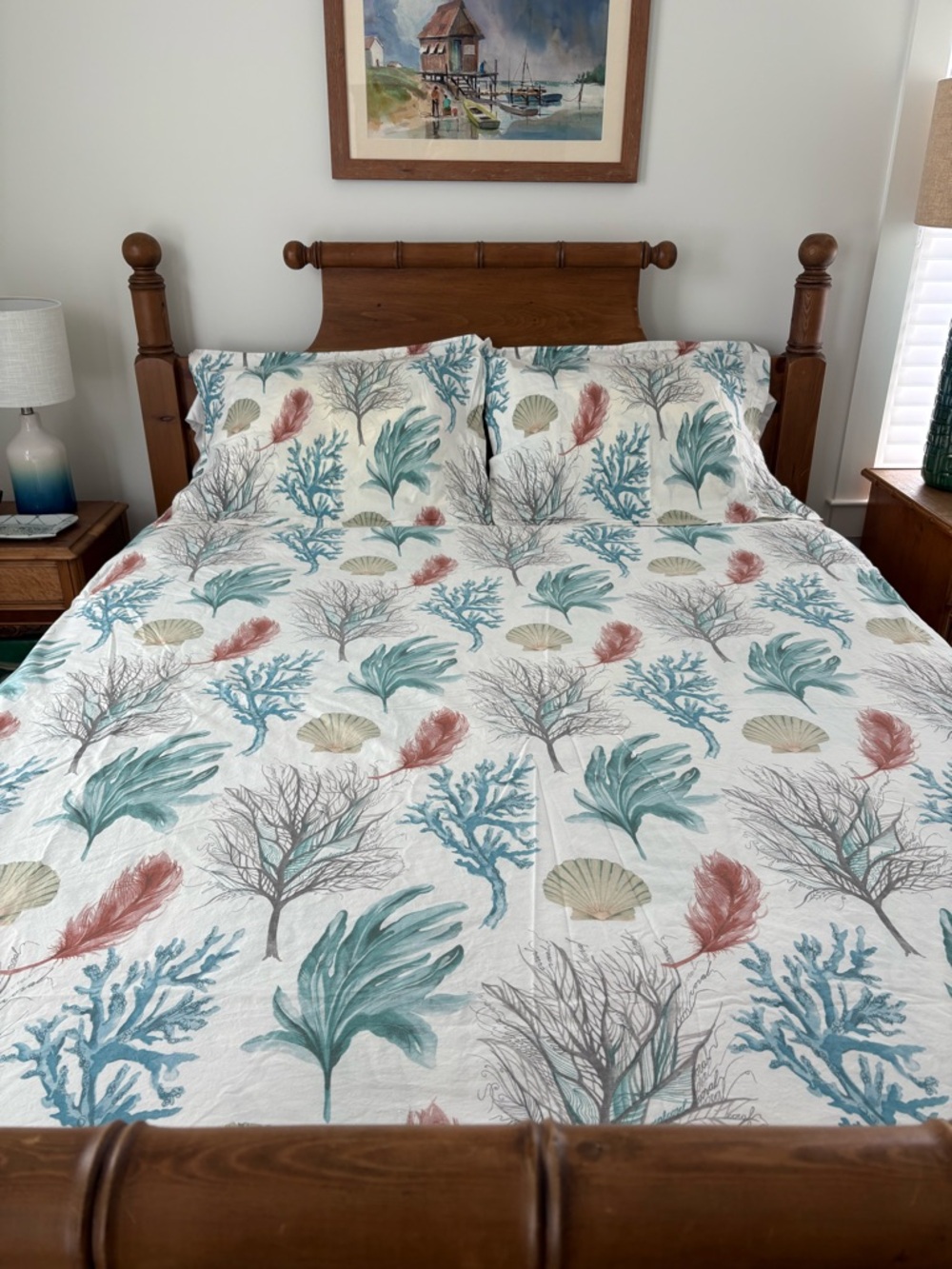 Pottery Barn Seaweed Print Cotton Quilt - White, Aqua, Teal, Coral, Tan